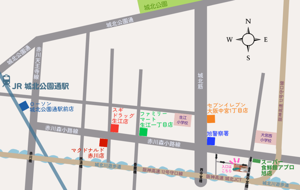 Antai GOLF STUDIO（アンタイゴルフスタジオ）へのJRおおさか東線 城北公園通駅からの地図